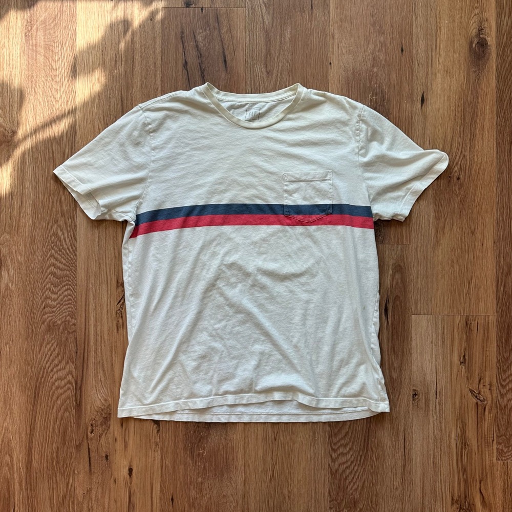 Gap Mens XL T-Shirt Off White Cream Navy Red Stripe Pocket Crew Neck Size XL